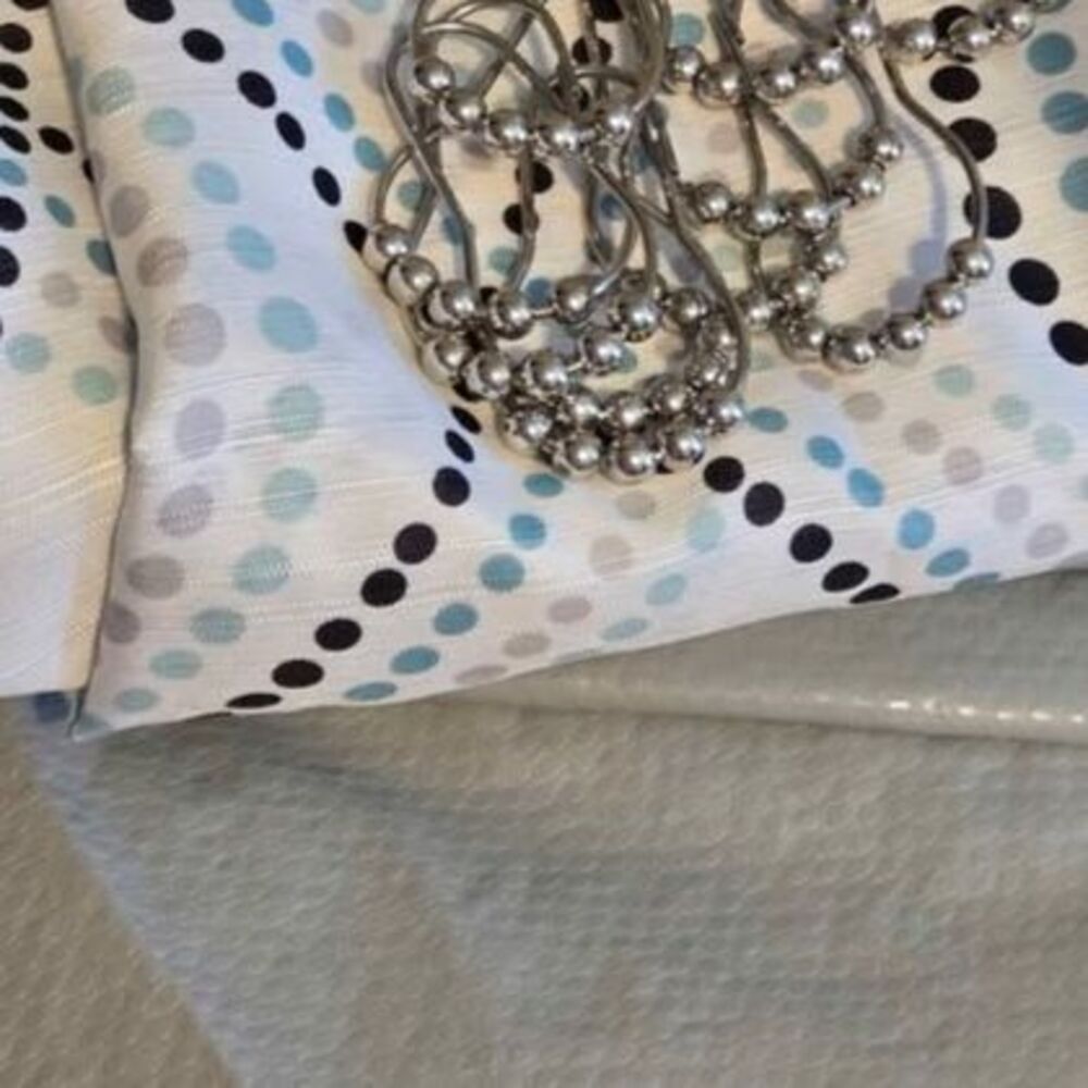 White Blue Black & Gray Shower Curtain, Gray Liner & Silver Hooks